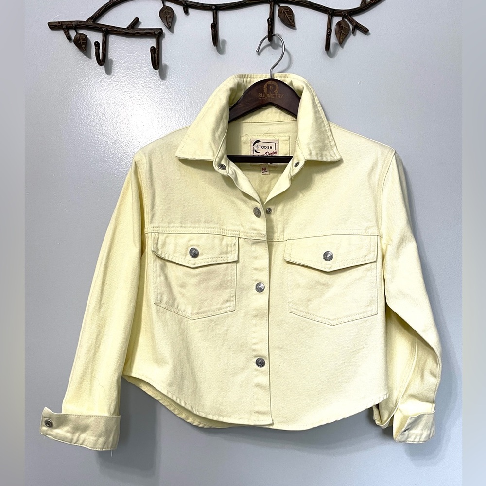 Butter Yellow Cropped Denim Jean Jacket Stoosh Vintage Sz. Medium 6 8 10 NWOT